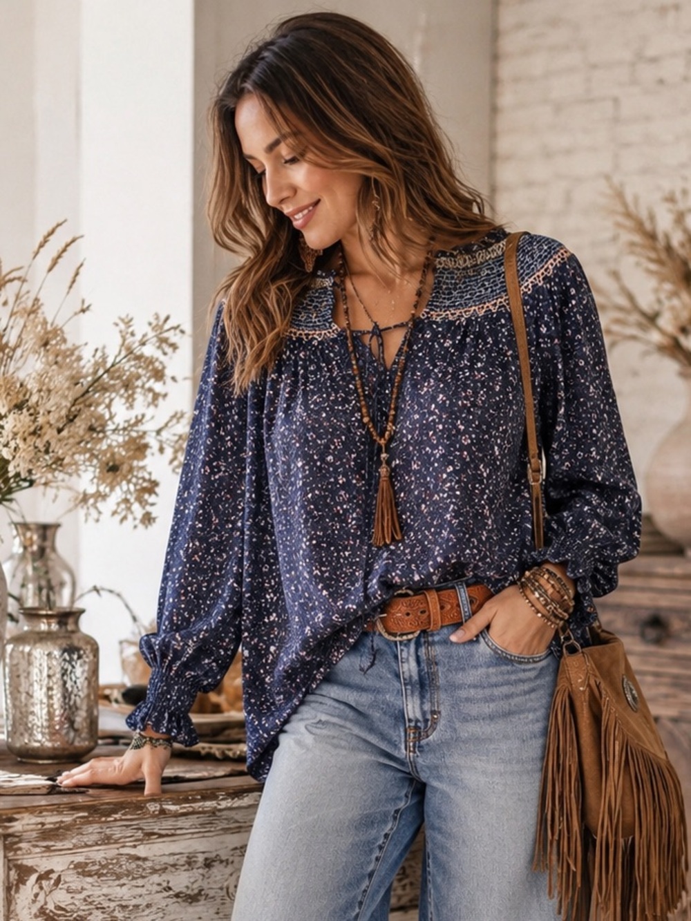 Knox Rose Navy Floral Smocked Yoke Long Sleeve Top Small